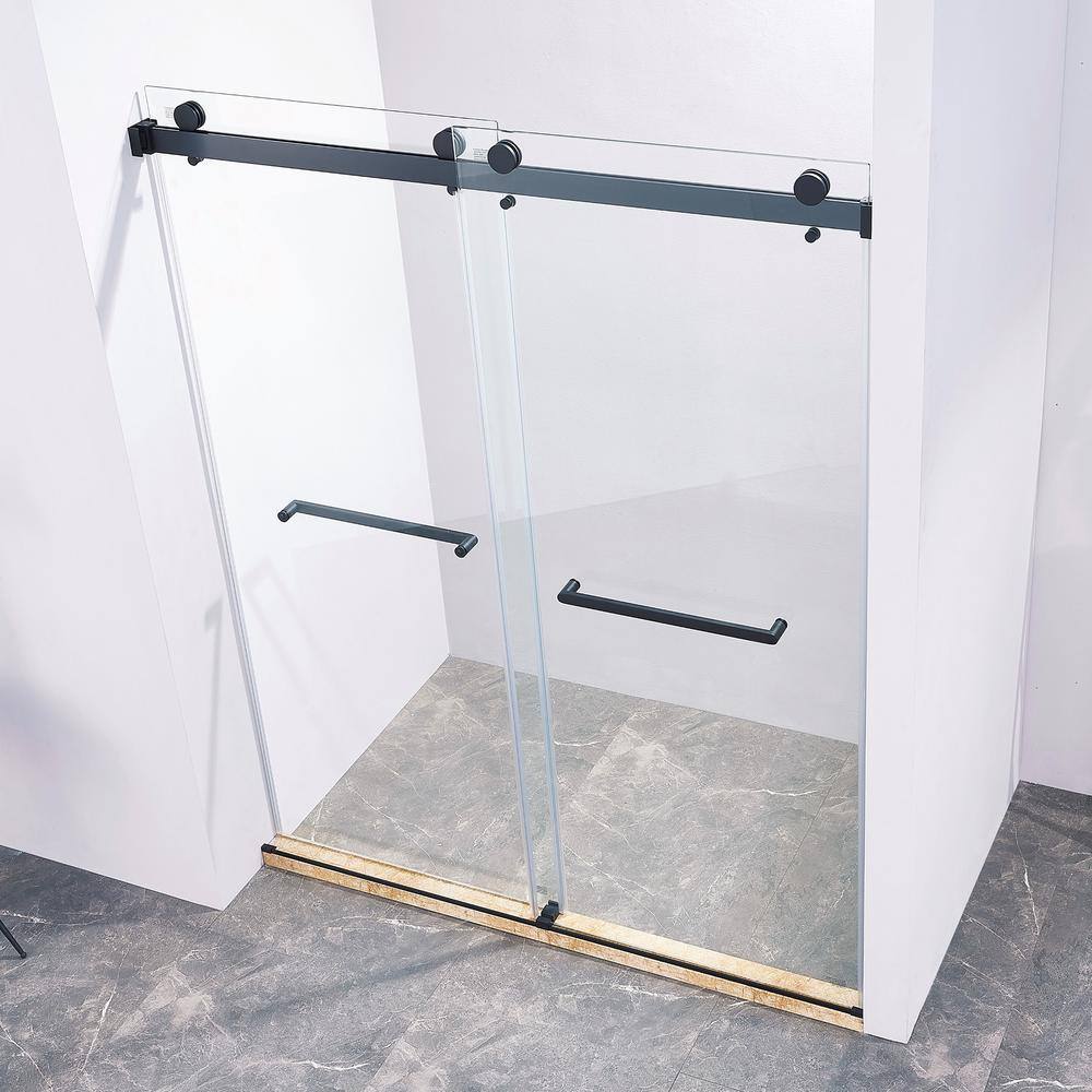 56-60" Frameless Clear Glass Double Sliding Shower Door in Matte Black
