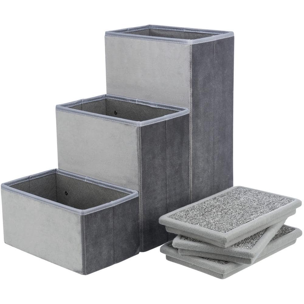Gray Velour 3-Step Pet Stairs with Storage Compartments