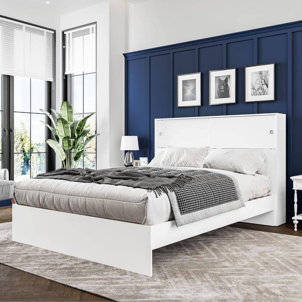 Victoria White Queen Wood Frame Platform Bed with Storage Headboard