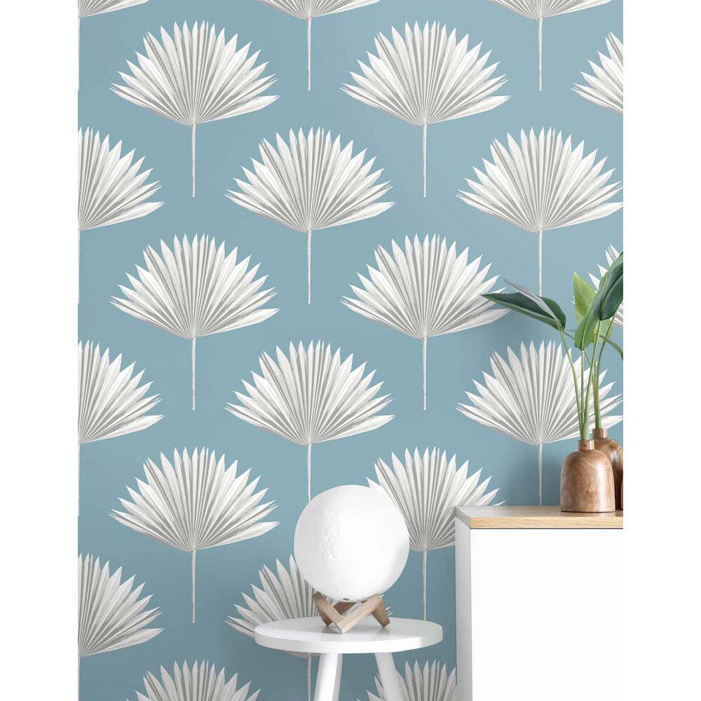 Blue Patina Tropical Fan Palm Vinyl Peel and Stick Wallpaper Roll