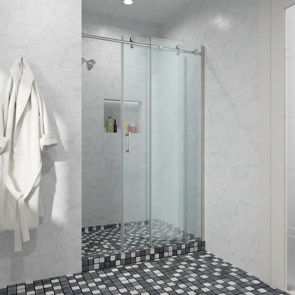 ANZZI 76 x 48 inch frameless shower door in brushed nickel  rhodes water  repellent glass shower door with seal strip handle parts