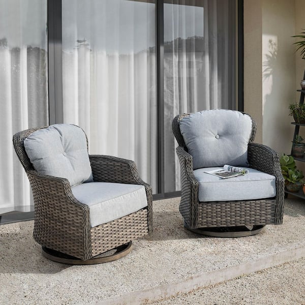 Tenaya 2-Piece Wicker Swivel Outdoor Rocking Chair Set with Gray Cushion
