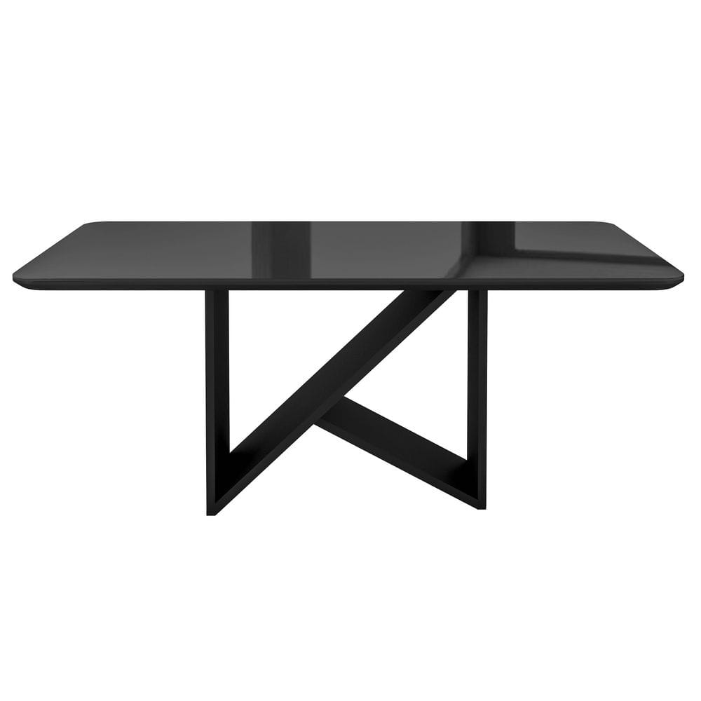 Front view of the black painted glass pedestal dining table.