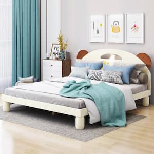 Cream White Wood Frame Full Size Platform Bed with Bear-Shaped Headboard, Motion Activated LED Night Lights