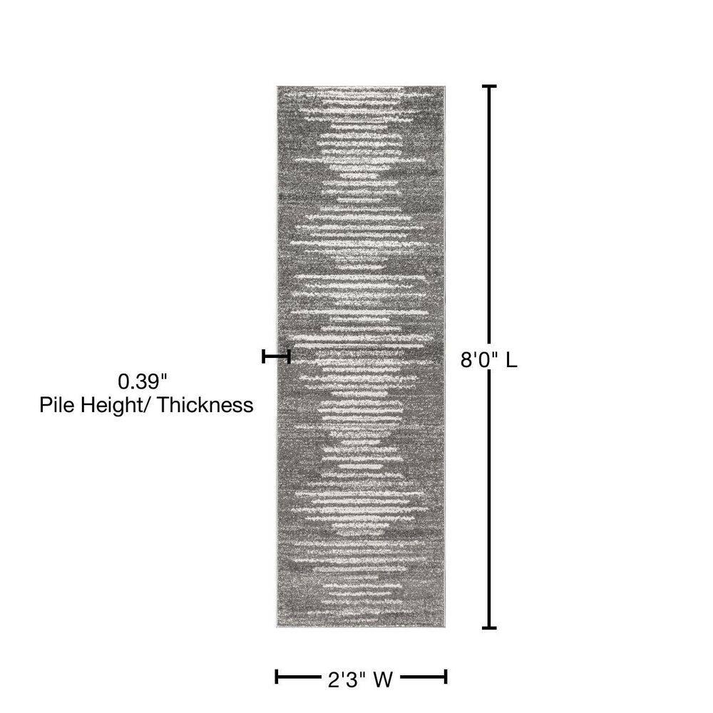 Gray and Ivory Striped Synthetic Runner Rug