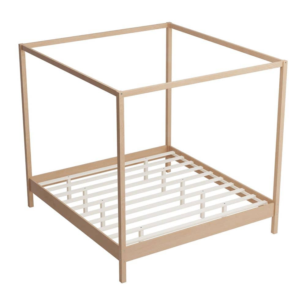 Natural (Light Brown) Solid Wood Frame Queen Size Canopy Bed with Premium Sturdy Construction, No Box Spring Needed - thumbnail 5