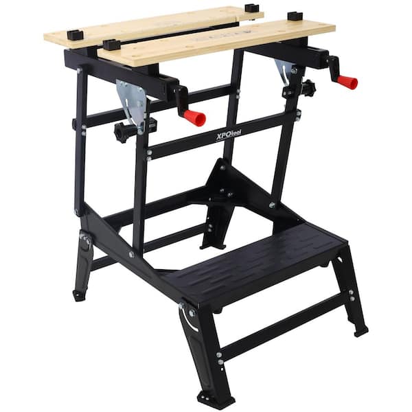 23.8 in. W x 27.7 in. D Portable Foldable Black Workbench Table with Wood Top, Jaws, Vertical Clamping, Rotating Pins
