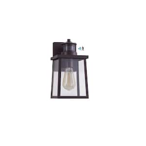 11.5 in. H Outdoor Oil Rubbed Bronze Motion Sensor Dask to Dawn Lantern Sconce with Clear Seeded Glass Shade