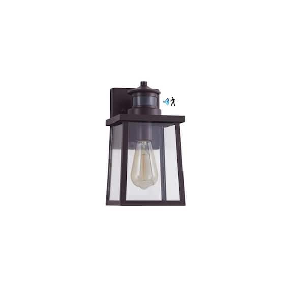 Unbranded 11.5 in. H Outdoor Oil Rubbed Bronze Motion Sensor Dask to Dawn Lantern Sconce with Clear Seeded Glass Shade