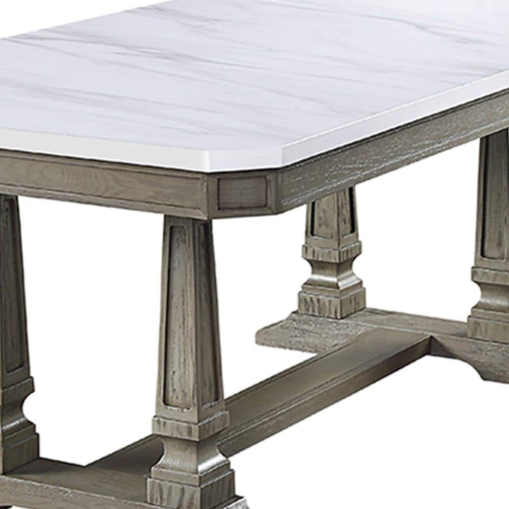 Elegant Transitional Marble-Top Extendable Dining Table in Weathered Oak