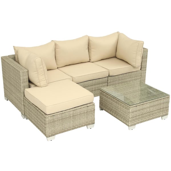 Zeus & Ruta Gray White 5-Piece Wicker Patio Outdoor Sectional Sofa Set with Field gray Cushions and 1-Coffee Table