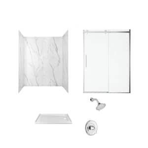 Passage 60 in. x 72 in. Right Drain 4-Piece Glue-Up Alcove Shower Wall Door Chatfield Shower Kit in Serene Marble