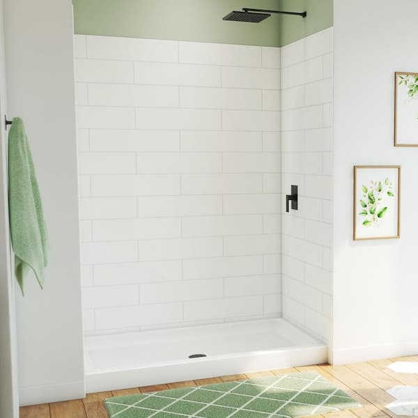 DreamLine DreamStone 34 in. L x 60 in. W x 84 in. H Alcove Shower Kit with Shower Wall and Shower Pan in Modern White
