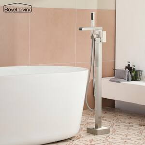 2.4 GPM Floor-Mount Freestanding Tub Faucet with Hand Held Shower and Lever Handle in Brushed Nickel
