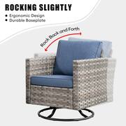 Crater Grey 9-Piece Wicker Patio Fire Pit Conversation Sofa Set with a Swivel Rocking Chair and Denim Blue Cushions