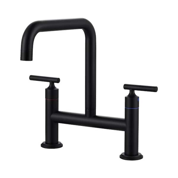 Double Handle Bridge Faucet with Kitchen Sink Hole Cover and 360° Swivel Spout in Matte Black