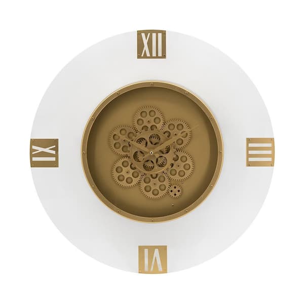 23.6 in. W x 23.6 in. D x 3.1 in. H Gold Plastic Decorative Round Moving Gear Roman Numeral Wall Clock for Living Room