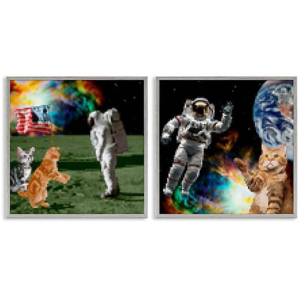 Cats and Astronauts in Space by June Erica Vess 2 Pieces Gray Framed Animal Giclee Art Print 12 in. x 12 in.