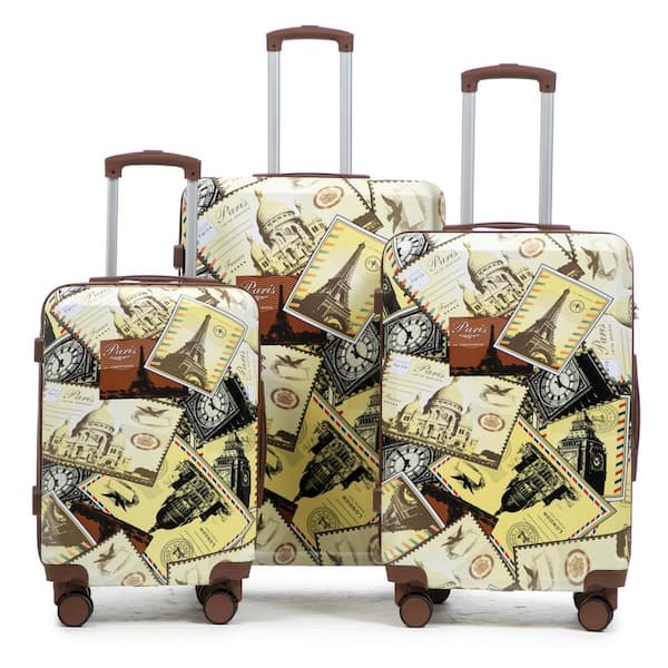 3-Pieces Black/Vintage Polycarbonate Luggage Set with Printed Pattern and Combination Lock