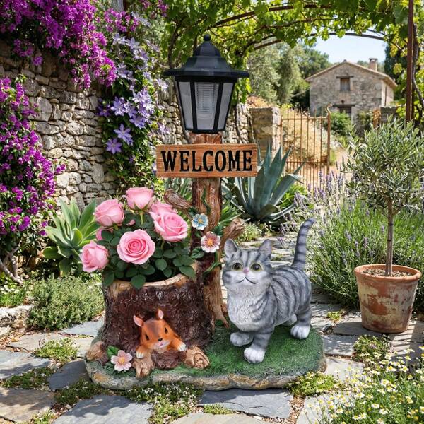 Cat Solar Planter Statue for Outdoor Decor, Resin Garden Figurine