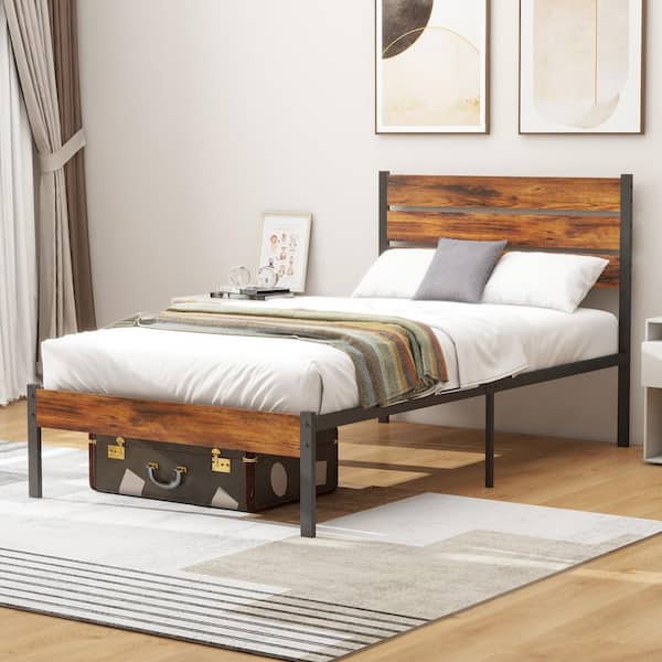 Farmhouse Rust Brown Metal Mattress Foundation Bed Frame Twin Platform Bed with 12.8 in. H Storage, No Box Spring Needed