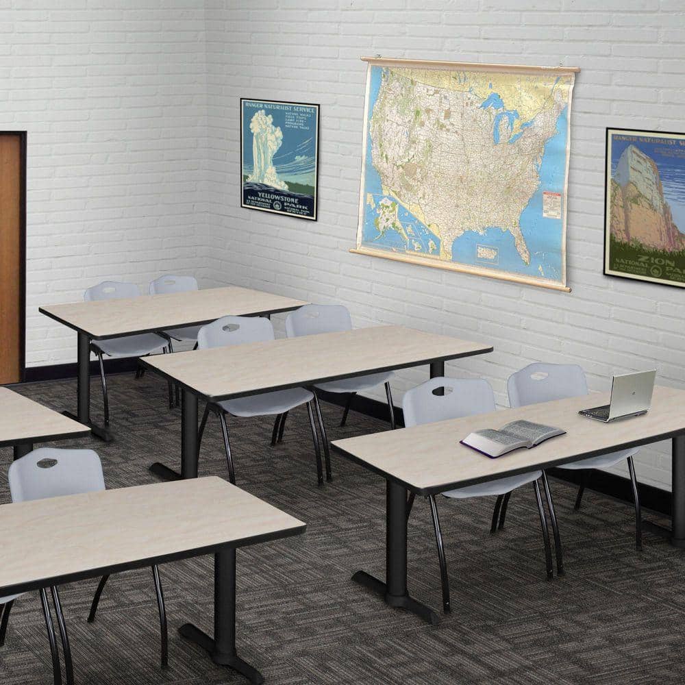 Cain 60 in x 24 in. Maple T-Base Training Seminar Table Desk and 2 M Stack Chairs-Grey