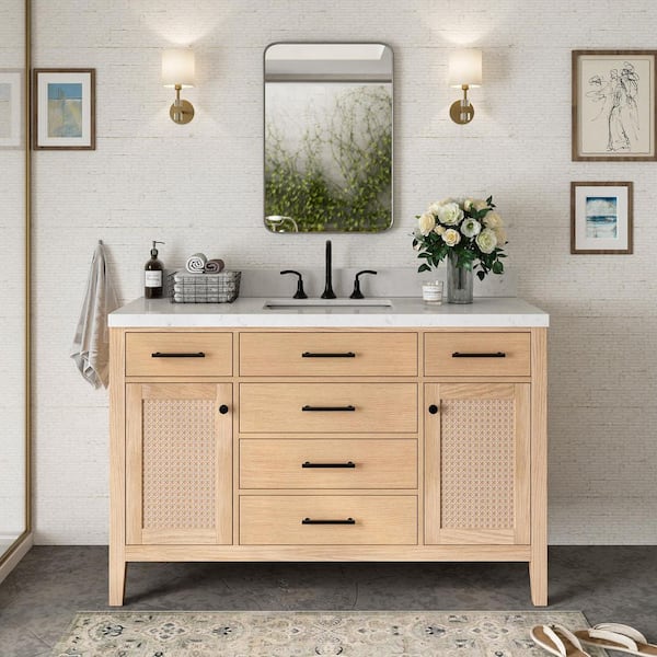 ARIEL Camila 54 in. Single Sink Freestanding Bathroom Vanity in White Oak with Carrara White Quartz Top