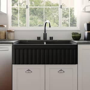 33 in. Farmhouse Apron Front Double Bowl Kitchen Sink in Black Fireclay, Grids and Strainer Included