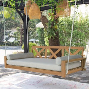 Logan 2-Person Teak Wood Porch Swing Daybed with Off White Cushion