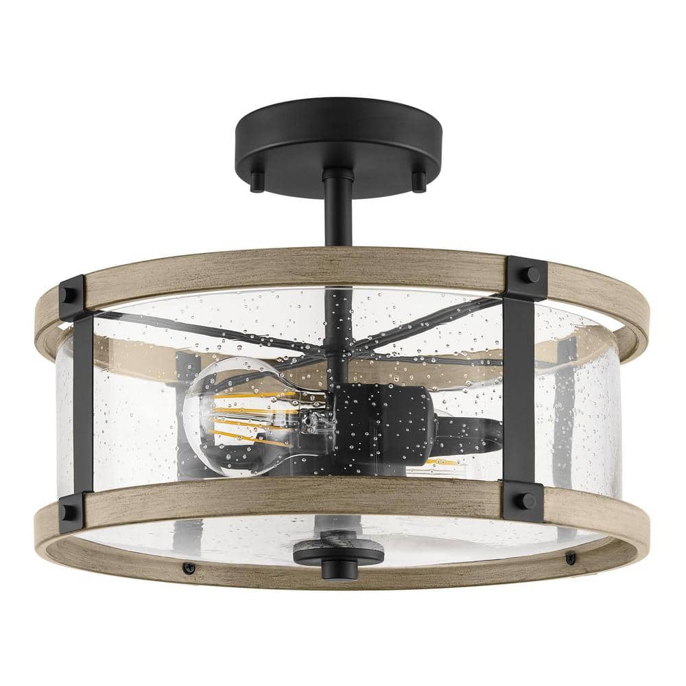 Richland 2-Light Grey Wood Semi Flush Mount Clear Seedy Glass -  Hampton Bay, KSF8202AX-01