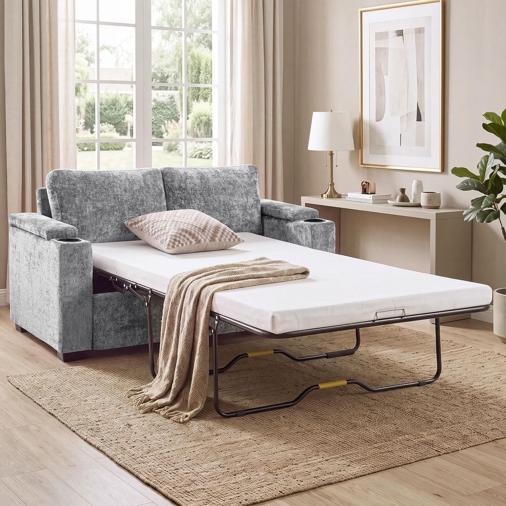 Modern 56.7 in. Grey Chenille Upholstered Pull Out 2-Seater Full Size Sofa Bed Storage Loveseat with Cup Holders price history on PriceWatchPro
