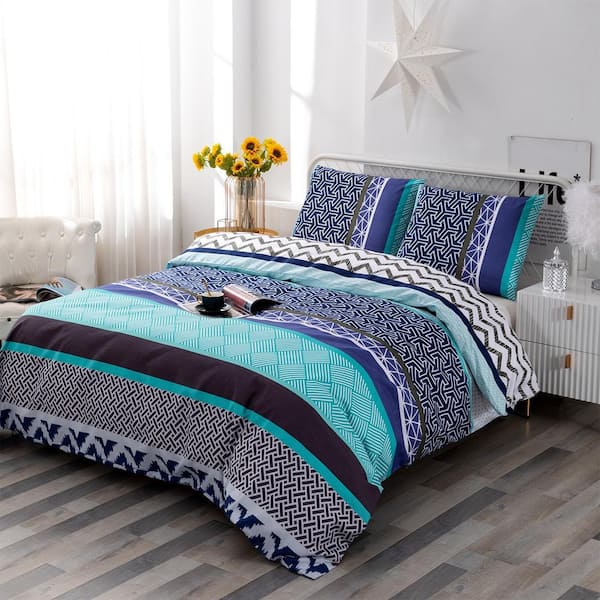 Microfiber King Size Basket Boho Striped Duvet Cover Set