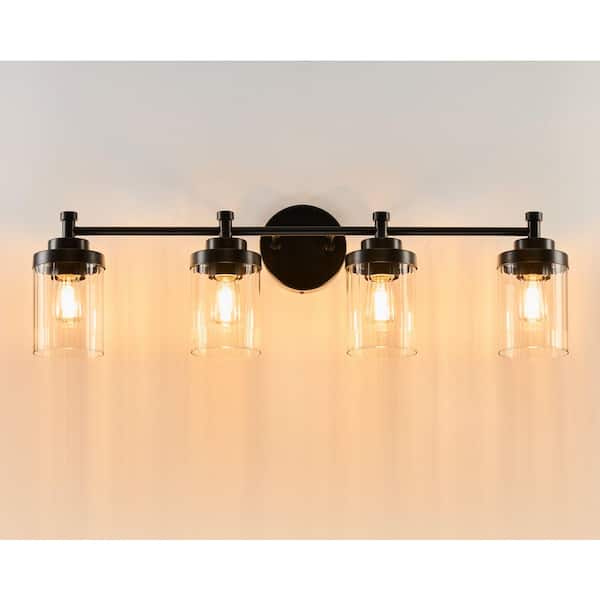 31.5 in. 4-Light Matte Black Modern Dimmable Vanity Light with Clear Ribbed Glass Shades E26 Sockets