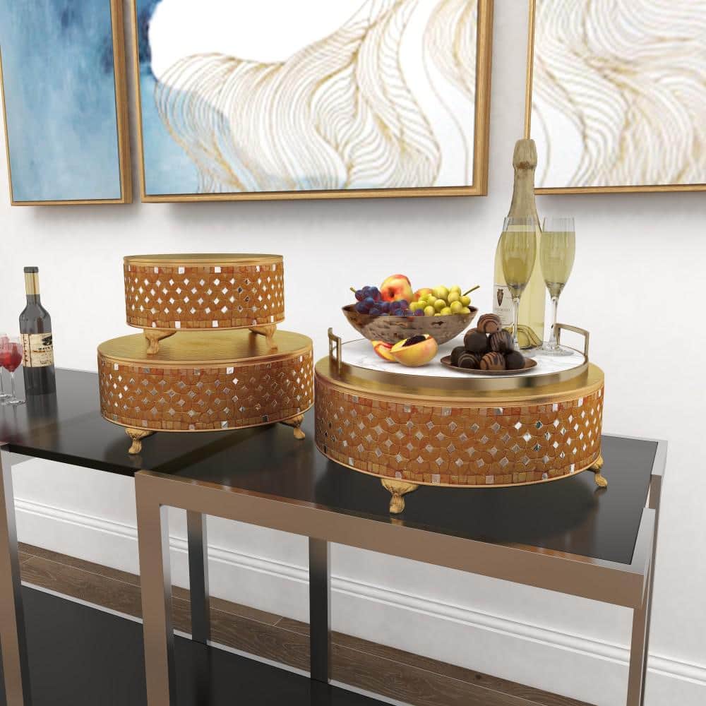 Gold Mosaic Patterned Glass and Metal Cake Stand Set of 3