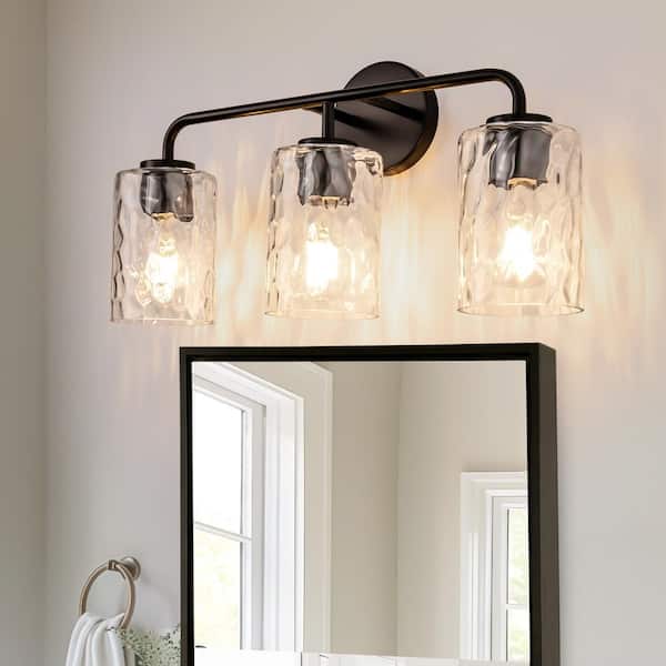 21 in. 3-Light Matte Cylinder Black Vanity Light with Clear Glass Shade for Bathroom Multi Mounting Positions