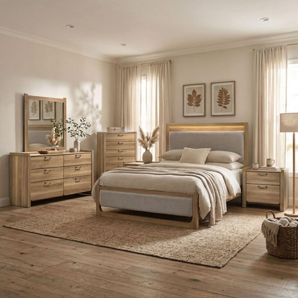 Toketh Transitional 6-Piece Natural Upholstered Wood King Panel Bedroom Set with LED Warm Light