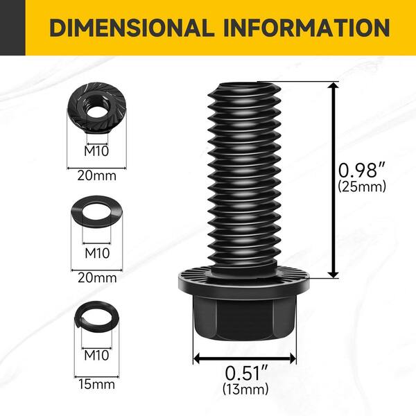 M10 x 25 mm Black Oxide Carbon Steel Flanged Hex Head Bolts and Nuts Set (10-Pack)