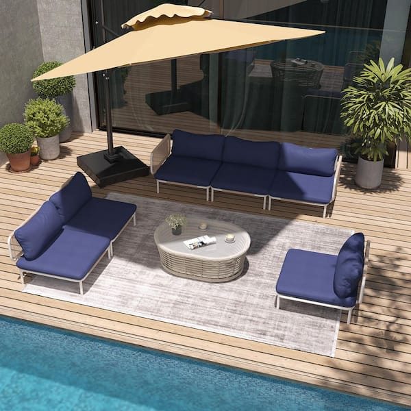 6-Piece Metal Outdoor Sectional Sofa with Navy Blue Cushions Eight Armrest