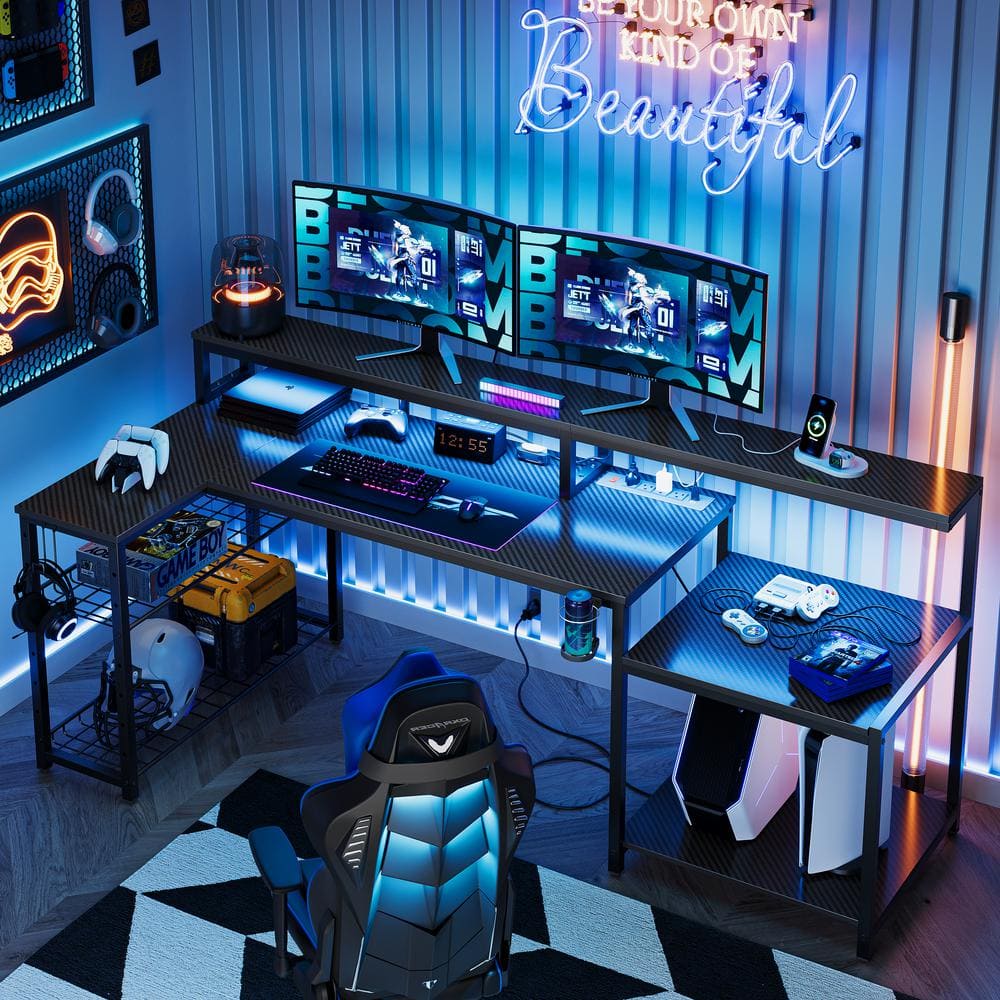 Bestier 71.5 in. LShaped Black Carbon Fiber LED Desk with Monitor