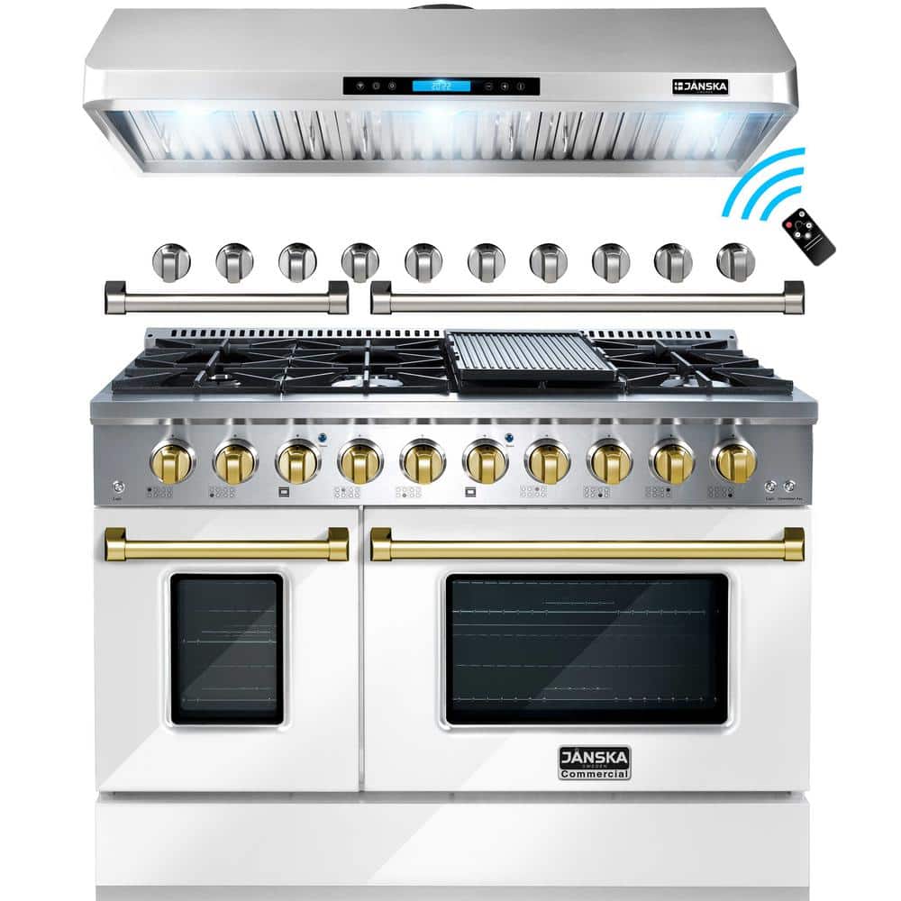 48 in. 900 CFM Ducted Under Cabinet Range Hood &amp; 48 in. 6.7 cu. ft. Double Oven Gas Range in Glossy White