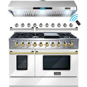 48 in. 900 CFM Ducted Under Cabinet Range Hood & 48 in. 6.7 cu. ft. Double Oven Gas Range in Glossy White