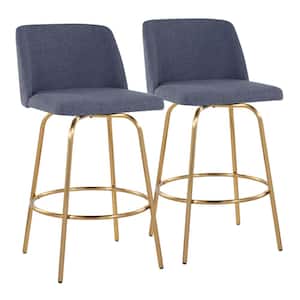 Toriano 26 in. Blue Fabric and Gold Metal Fixed-Height Counter Stool (Set of 2)