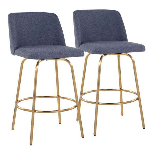 Lumisource Toriano 26 in. Blue Fabric and Gold Metal Fixed-Height Counter Stool (Set of 2)
