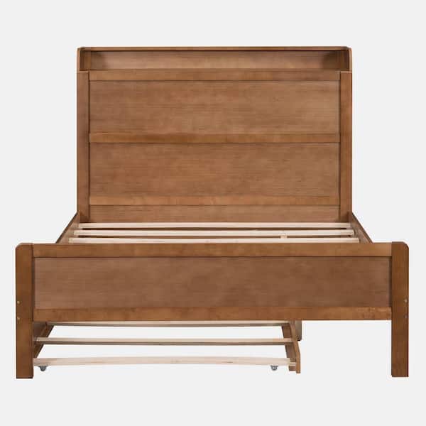 wetiny Brown Wood Frame Full Size Platform Bed with Storage Headboard and Twin Size Trundle
