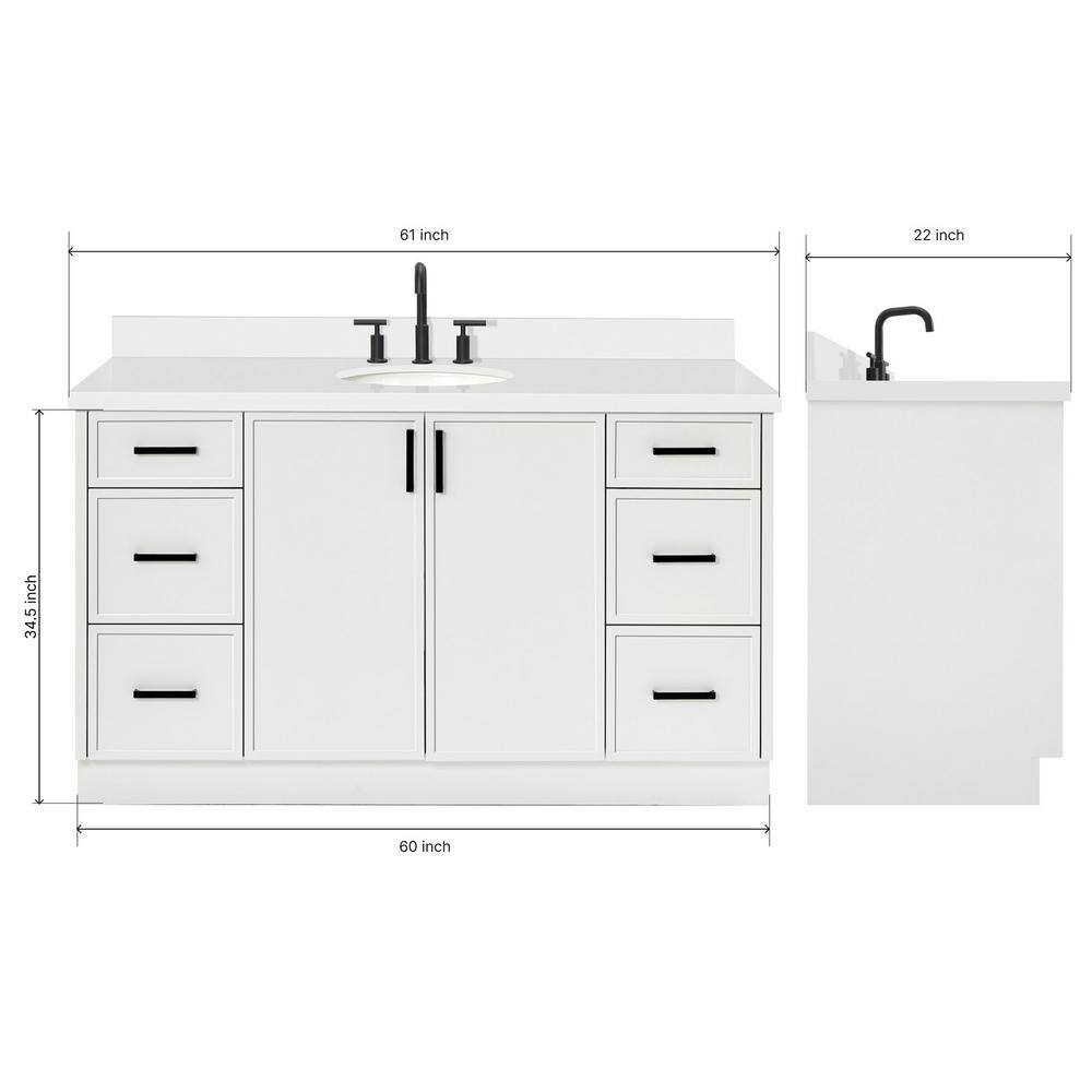 White Solid Wood and Quartz Single Sink Bathroom Vanity, 61 inches