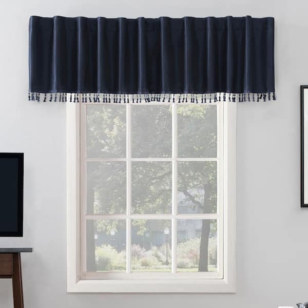 Sun Zero Evelina Faux Silk Navy Polyester 50 in. W x 17 in. L Back Tab 100% Blackout Curtain Valance (Single Panel)