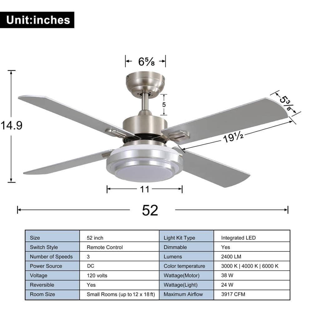 52" Brushed Nickel Ceiling Fan with LED Light and Remote Control