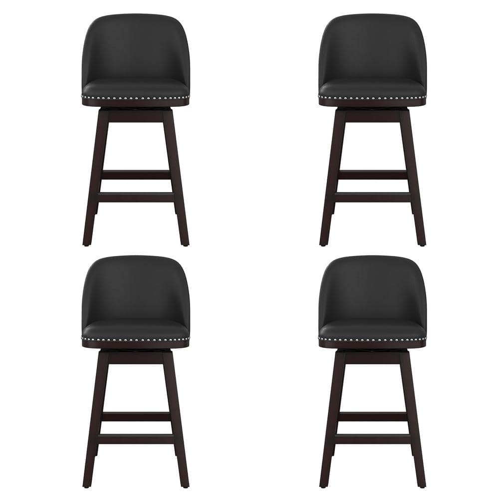 Black Faux Leather Swivel Counter Stools with Nailhead Trim, Set of 4