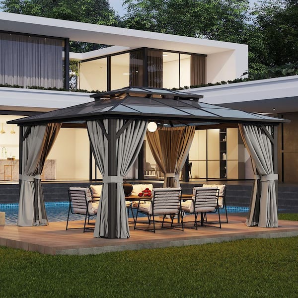 12 ft. x 14 ft. Gray Outdoor Gazebo, Polycarbonate Double Roof Aluminum Frame Gazebo with Curtains and Netting