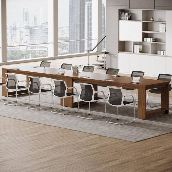 BYBLIGHT 86 in. Rectangular Walnut-Color Wood Computer Desk Double